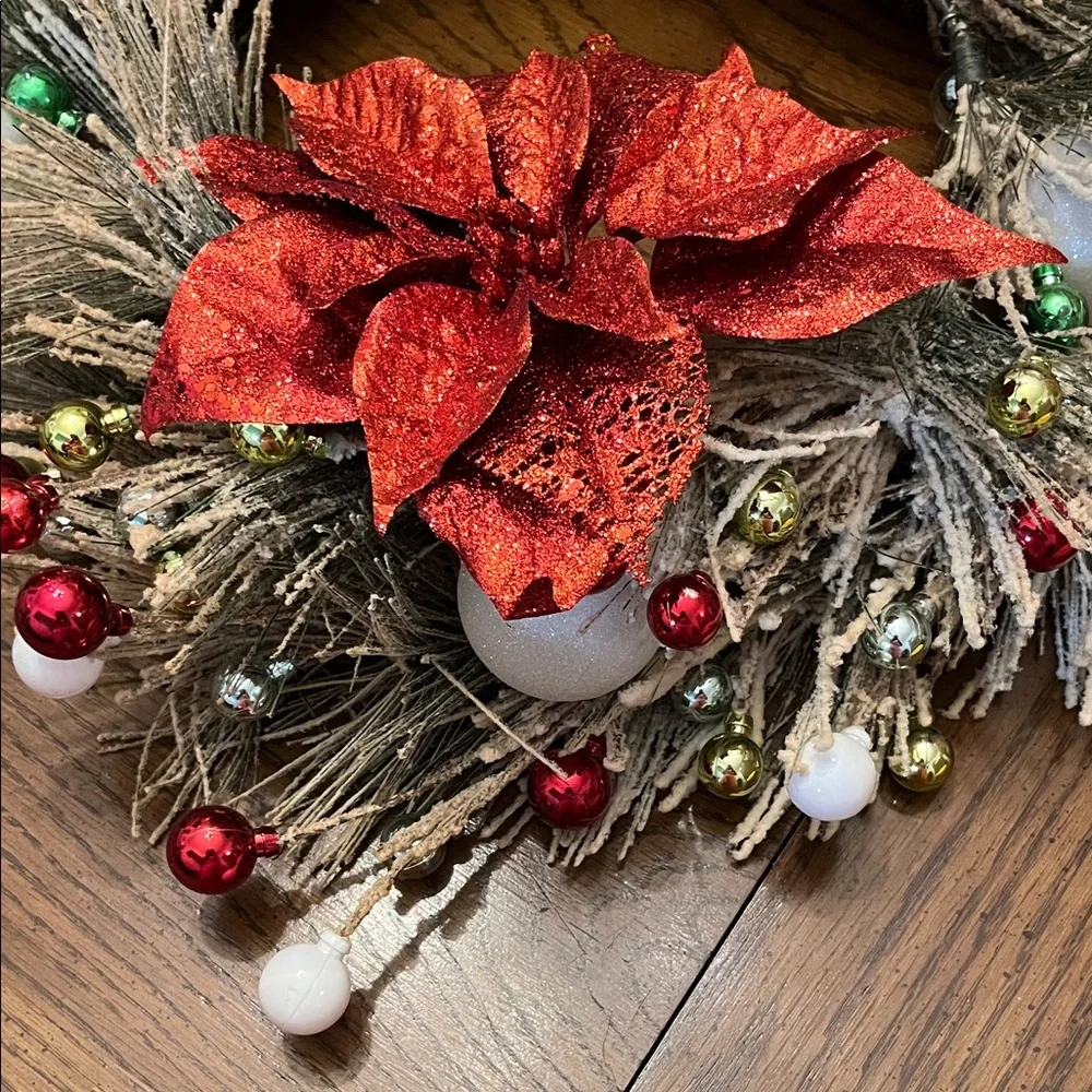 Festive Holiday Wreath with Red Poinsettia‎